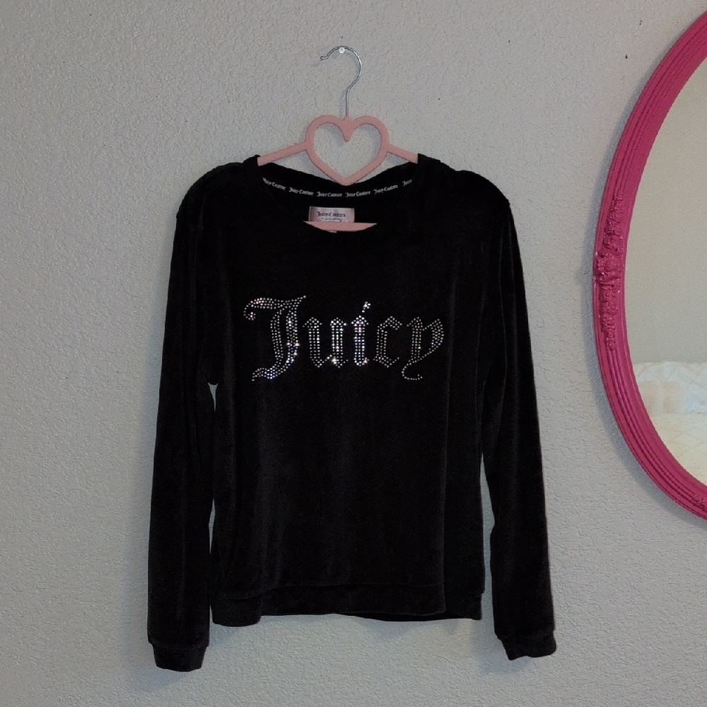 Black Velour Juicy Couture Sweatshirt & Sweatpants with Rhinestone Logo